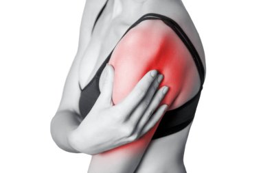 young woman with pain on her arm and shoulder.  isolated on white background. Black and white photo with red dot. clipart