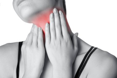 Closeup view of a young woman with pain on neck or thyroid gland.  isolated on white background. Black and white photo with red dot. clipart