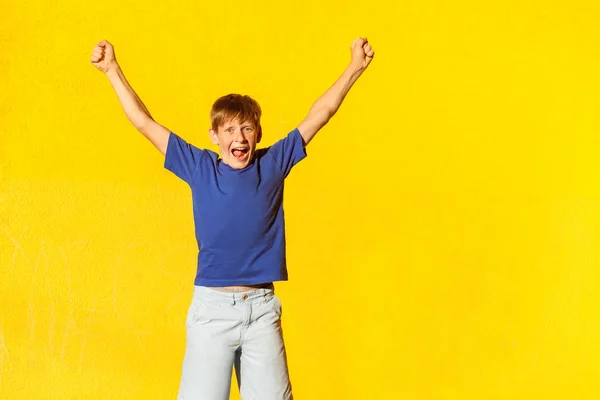 Yay! The happiness beautiful boy celebrates the victory — Stock Photo, Image