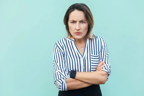 Angry, aggressive. Handsome adult elegant woman looking at camer — Stock Photo, Image