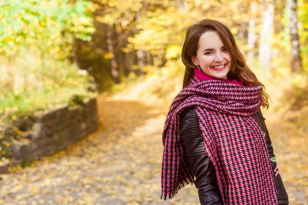 Retrato de la hermosa pelirroja caminando por el parque. Sonrisa dentada —  Fotos de Stock