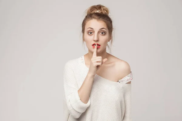 Secrecy Sign Blone Woman Big Eyes Showing Secret Shh Sign — Stock Photo, Image