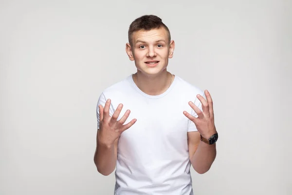 Enrages Young Boy Looking Camera Say Why How Indoor Shot — Stock Photo, Image