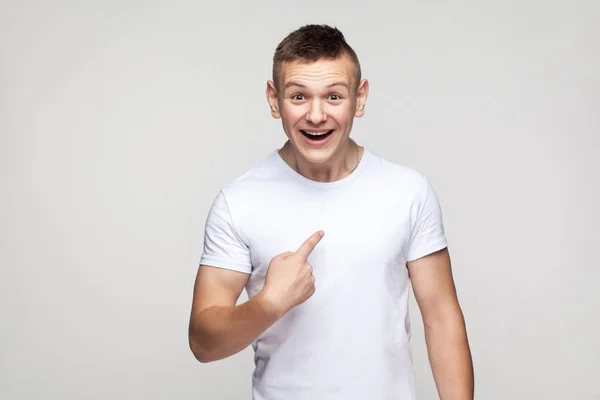 Happiness Boy Looking Camera Pointing Finger Himself Studio Shot Gray — Stock Photo, Image