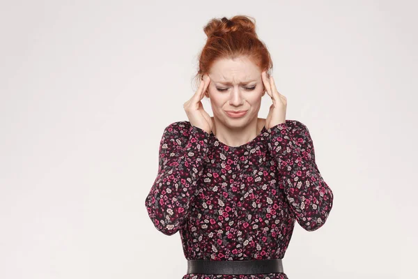 Redhead Woman Touching Head Hands Have Headache Bad Emotions Feelings — Stock Photo, Image