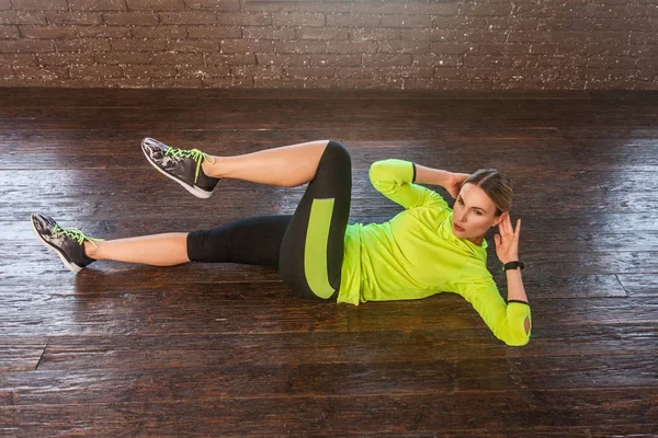 Active Woman Doing Hard Exercise While Lying Wooden Floor Pilates — Stock Photo, Image