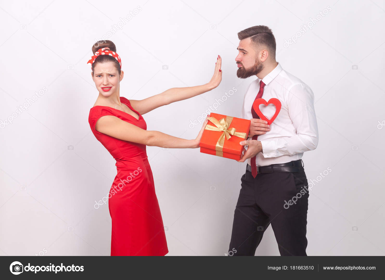 Woman Red Dress Ignoring Refusing Businessman Gift Heart Hands Gray ...