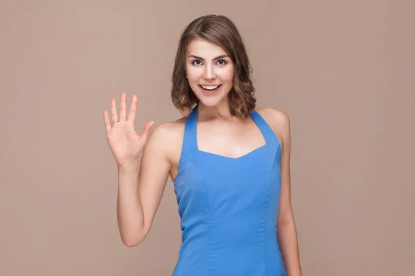 Business Woman Showing Hello Sign Camera Light Brown Background — стоковое фото