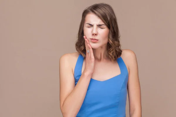 Businesswoman Closed Eyes Touching Cheek While Having Teeth Pain — Stock Photo, Image