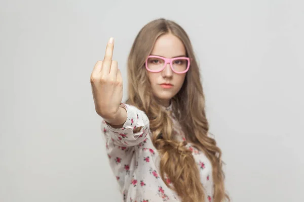 Unhappy Blonde Woman Curly Hairstyle Shirt Showing Fuck Sign Camera — Stock Photo, Image