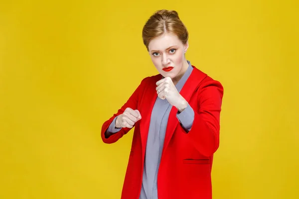 Aggressive Redhead Businesswoman Red Jacket Looking Camera Seriously Face While — Stock Photo, Image