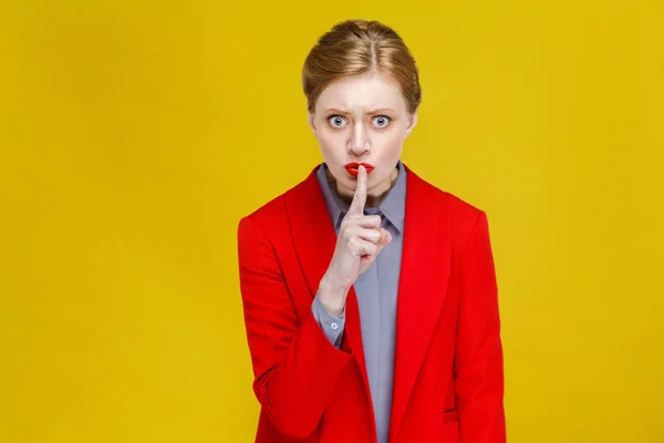 Shocked Redhead Businesswoman Red Jacket Young Showing Shh Sing Looking — Stock Photo, Image