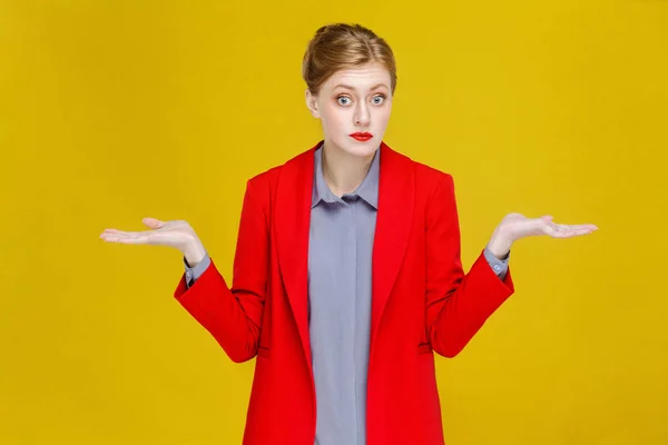 Confused Redhead Businesswoman Red Jacket Divorced Hands Looking Camera Yellow — Stock Photo, Image