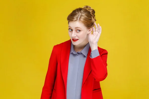 Redhead Businesswoman Red Jacket Holding Hand Ear Concept Hear You — Stock Photo, Image