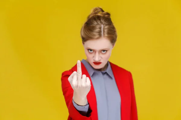 Stressed Redhead Businesswoman Red Jacket Showing Fuck Sign Camera Yellow — Stock Photo, Image