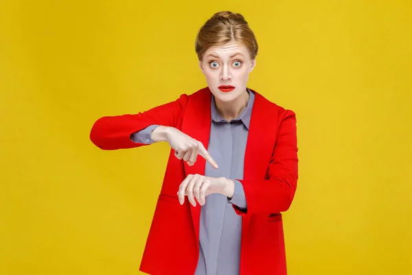 Business Woman Pointing Hand Yellow Background Time Concept — стоковое фото