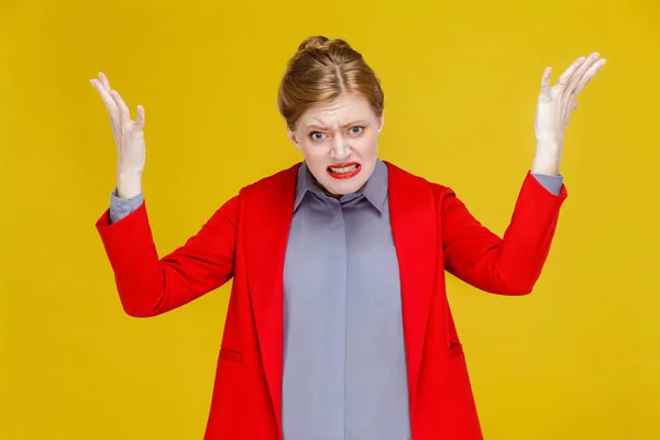 Angry Redhead Businesswoman Red Jacket Roaring Raised Hands Yellow Background — Stock Photo, Image
