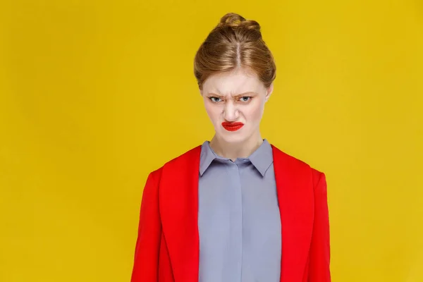 Frustrated Redhead Businesswoman Red Jacketon Yellow Background — Stock Photo, Image