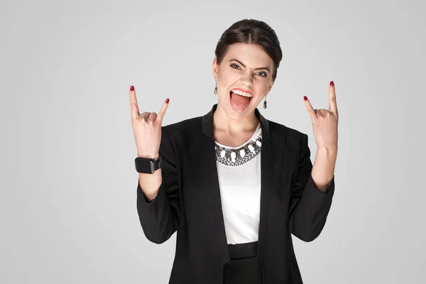 Businesswoman Black Suit Showing Rock Signs Grey Background — Stock Photo, Image