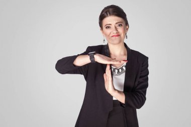 businesswoman showing pause gesture, need time out concept   clipart
