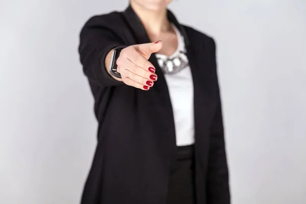 Businesswoman Suit Showing Handshake Sign Grey Background — Stock Photo, Image