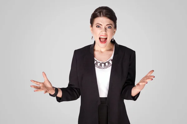 Angry Businesswoman Black Suit Screaming Grey Background — Stock Photo, Image
