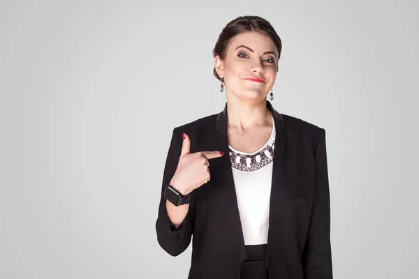 Proud Businesswoman Pointing Finger Himself Toothy Smile Grey Background — Stock Photo, Image