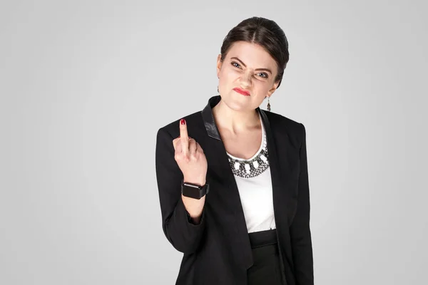 Stressed Businesswoman Showing Fuck Sign Camera Gray Background — Stock Photo, Image