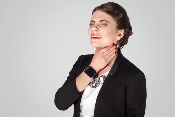 Unhappy Businesswoman Touching Throat Light Background Uncomfortable Pain Throat Concept — Stock Photo, Image