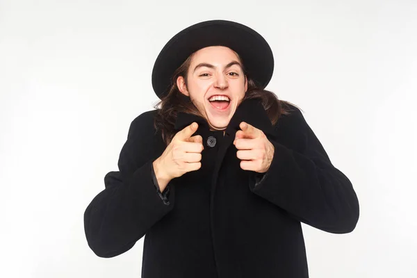 Homem Feliz Apontando Dedos Para Câmera Isolada Fundo Branco — Fotografia de Stock