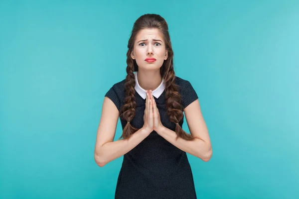 Woman Looking Camera Holding Hands Apologize Gesture Blue Background — Stock Photo, Image