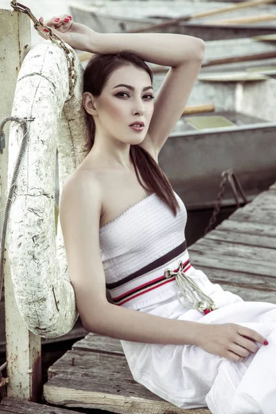 Beautiful Woman Wearing White Summer Dress Sitting Wooden Pier — Stock Photo, Image