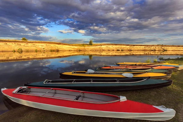 Collection Colorful Kayaks Riverside Summer Day — Stock Photo, Image