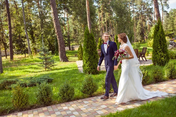 Feliz Recém Casados Mãos Dadas Caminhando Passarela Parque Verão — Fotografia de Stock