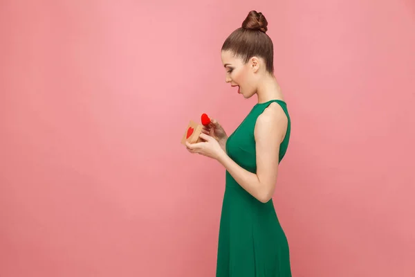 Side View Beautiful Woman Opening Gift Box Hearts Pink Background — Stock Photo, Image