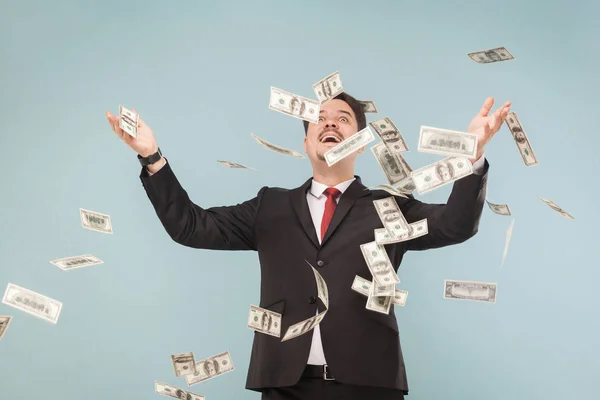 Feliz Hombre Negocios Con Billetes Dólar Voladores Posando Sobre Fondo —  Fotos de Stock