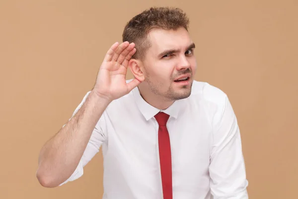 Businessman Holding Hand Ear Concept Hear You — Stock Photo, Image
