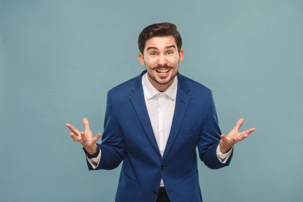 Stressed Manager Divorced Hands Looking Camera Light Blue Background Concept — Stock Photo, Image