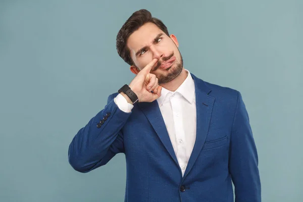 Portrait Well Dressed Crazy Man Funny Face Grimacing Picking His — Stock Photo, Image