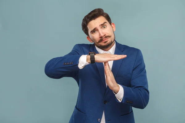 Unhappy Businessman Showing Time Out Sign Camera Light Blue Background — Stock Photo, Image