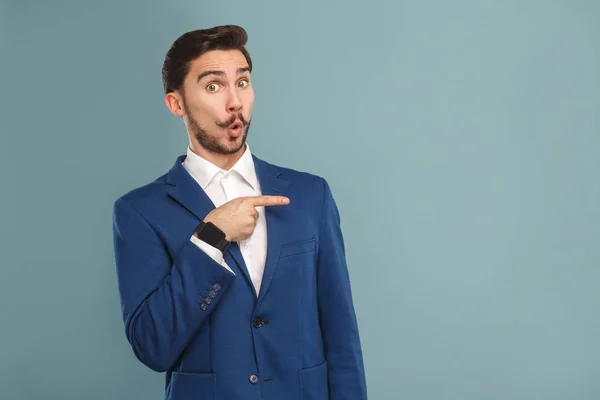 Funny Man Suit Pointing Finger Aside Light Blue Background Concept — Stock Photo, Image