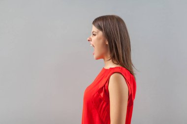 side view of wild aggressive brunette young woman in red t-shirt looking forward and screaming on gray background
