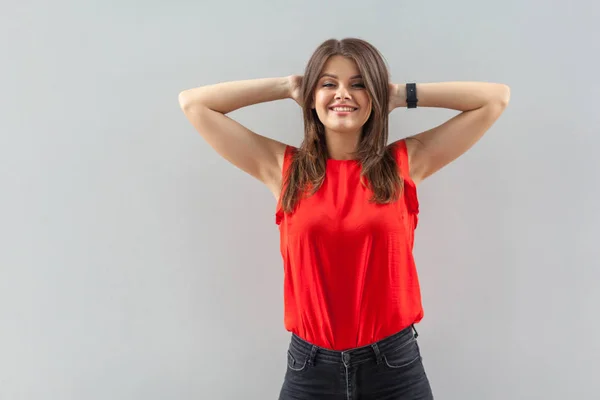 Happy Beautiful Brunette Young Woman Red Shirt Holding Head Looking — Stock Photo, Image