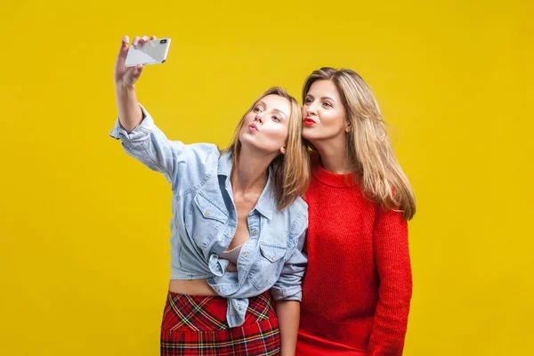 Kvinnliga vänner skickar kyssar när de tar selfie. Porträtt av två — Stockfoto