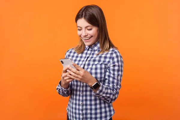 Portrait of joyous beautiful brunette woman with charming smile — Stok Foto