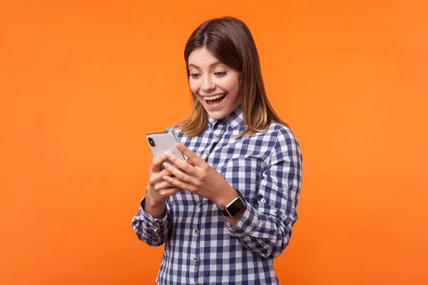 Portrait of happy surprised brunette woman with charming smile h — Stock Photo, Image