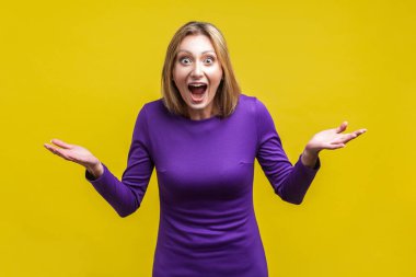 Wow, unbelievable! Portrait of positive astonished woman with wi clipart