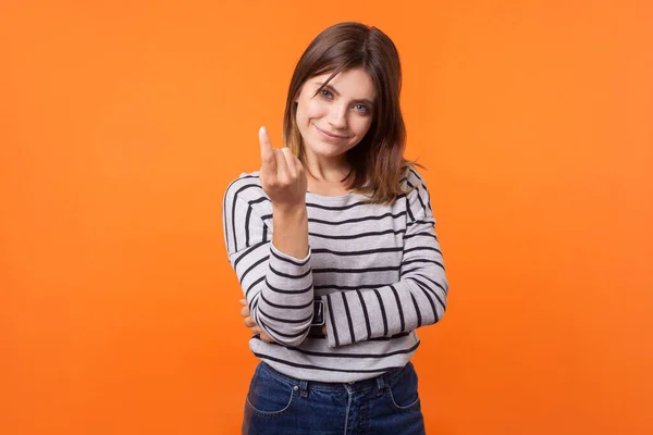 Portrait of friendly pretty young woman with brown hair in long — Stock Photo, Image