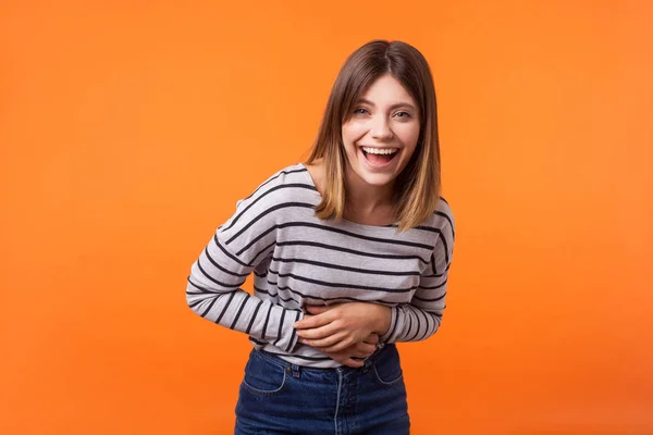 Portret Van Dolblij Opgewonden Schattige Jonge Vrouw Met Bruin Haar — Stockfoto