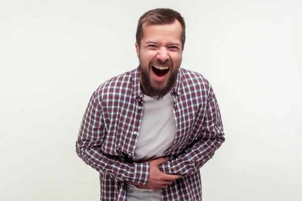 Portrait d'un homme barbu heureux extrêmement excité tenant sa cloche — Photo